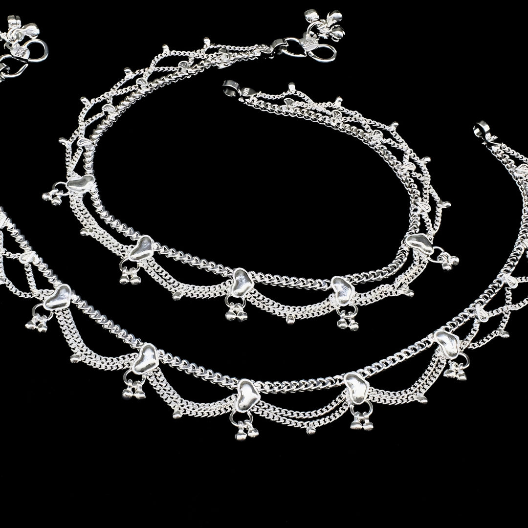 Real Silver Women Dangling Pattern Anklet Pair - 10.3 in