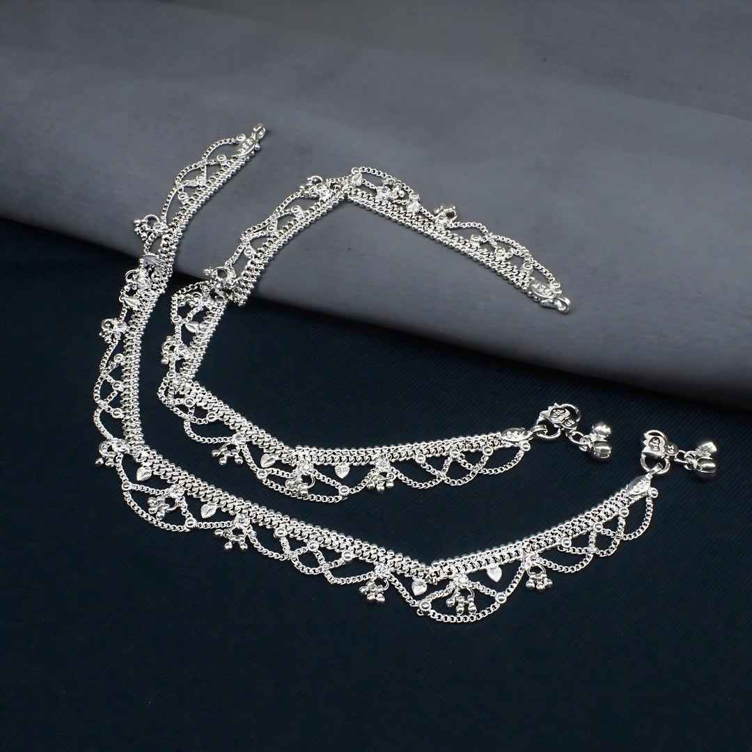 Indian Real Silver Women’s Waterfall Pattern Anklet Pair - 10.3 in