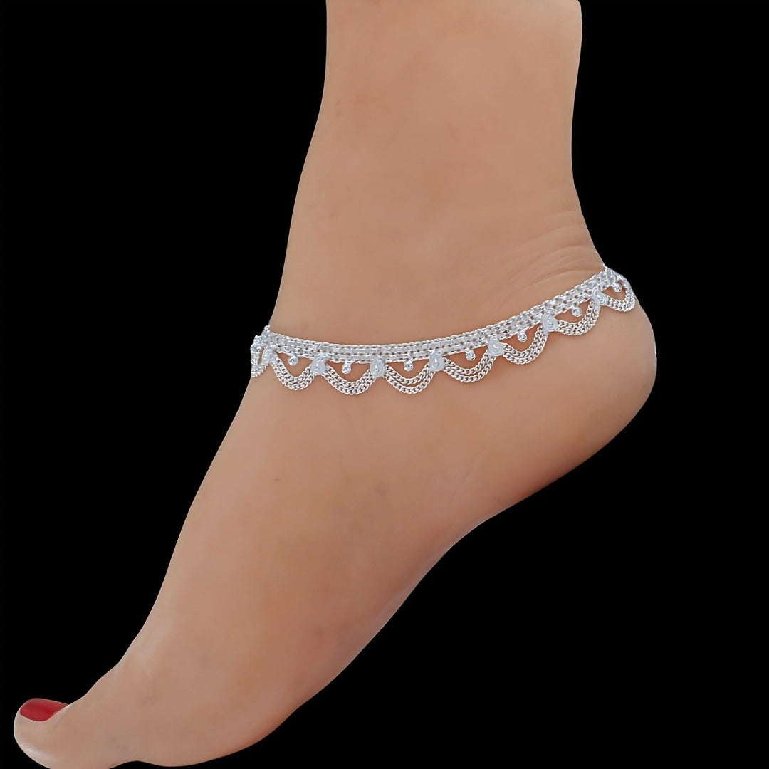 Indian Traditional Real Silver Women Party Wear Anklet - 10.3 inch