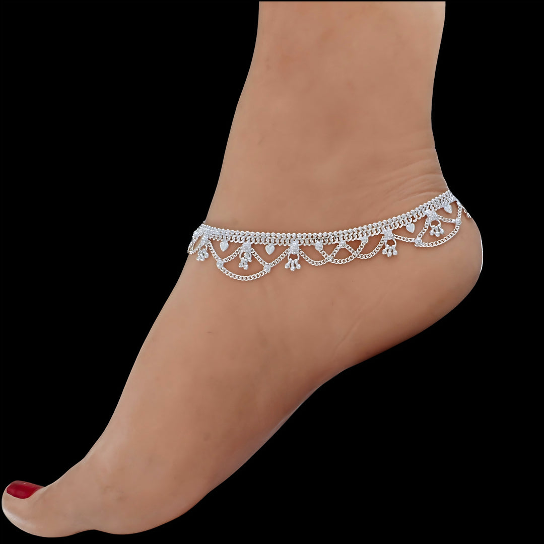 Indian Real Silver Women’s Waterfall Pattern Anklet Pair - 10.3 in