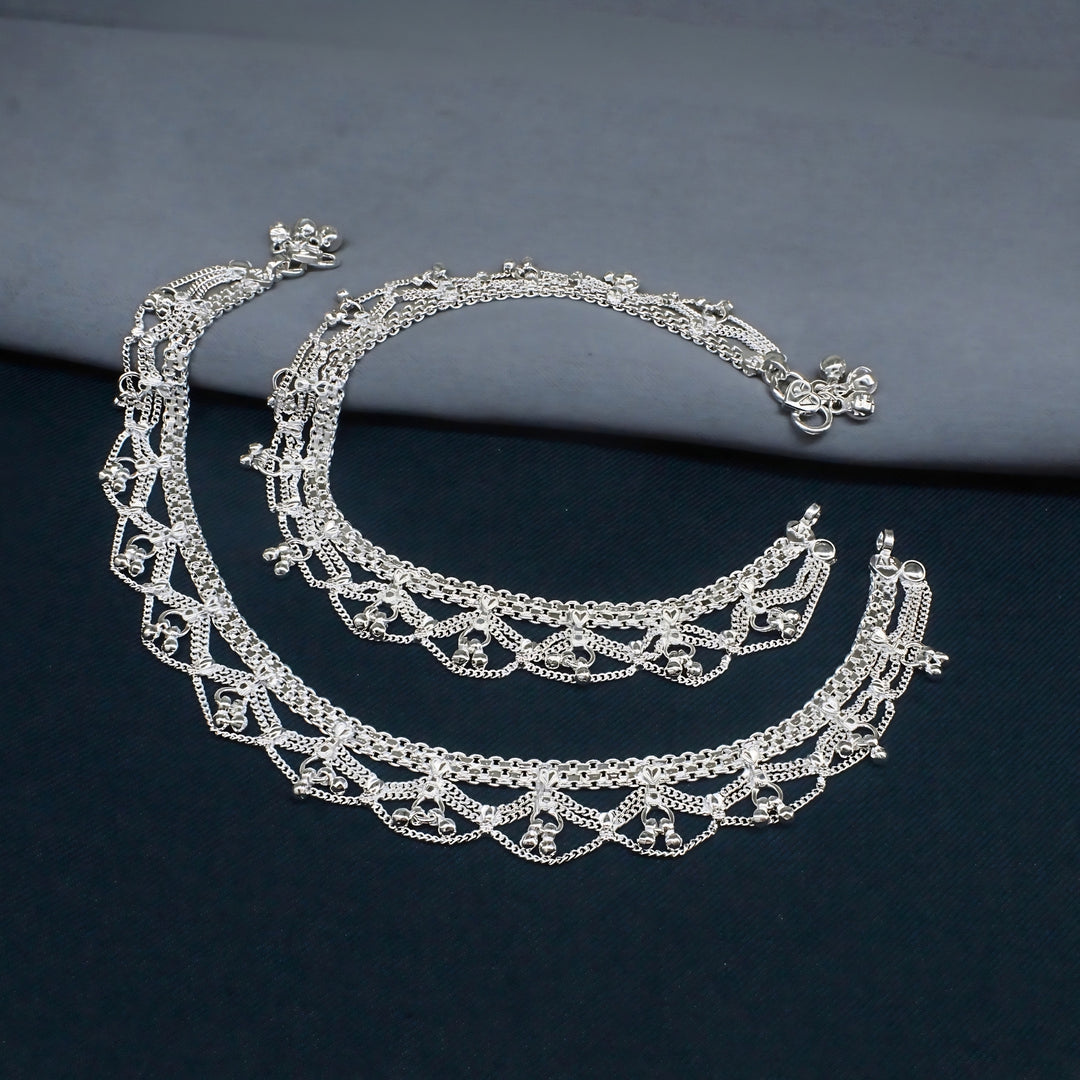Real Silver Women’s Multi-Layer Filigree Dangle Anklet Pair - 10.3 in