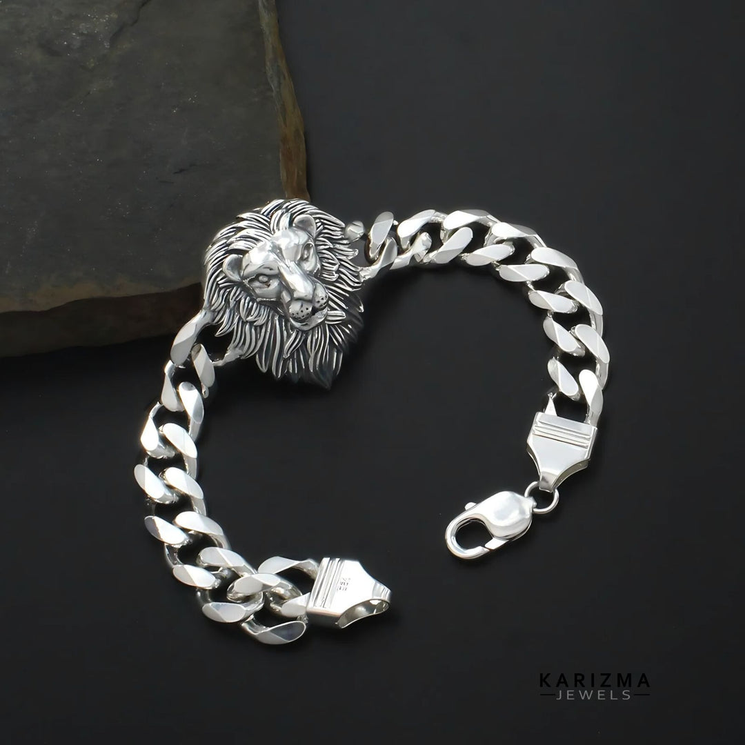 925 Sterling Silver Men's Lion Head Curb Chain Oxidized Bracelet 8"