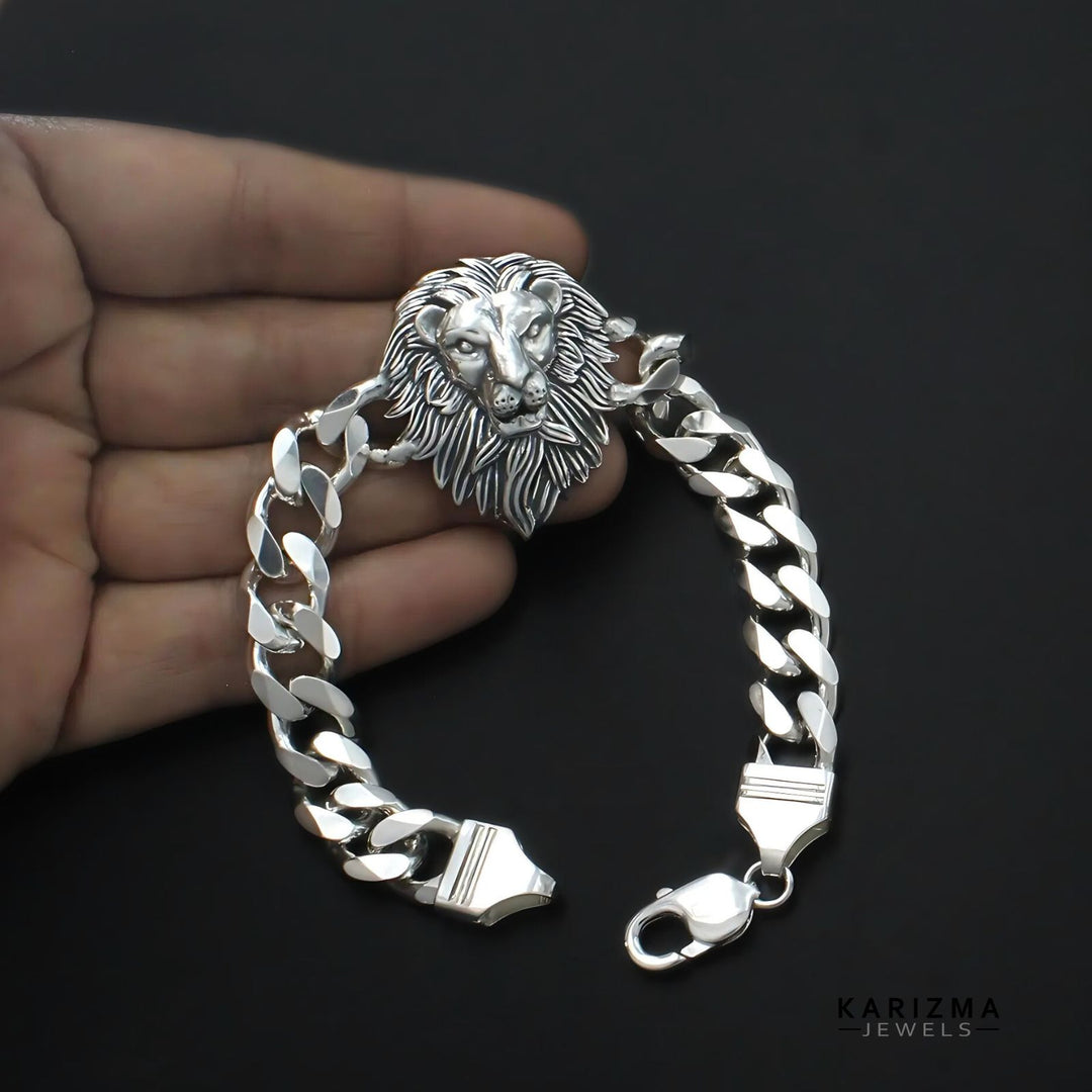 925 Sterling Silver Men's Lion Head Curb Chain Oxidized Bracelet 8"