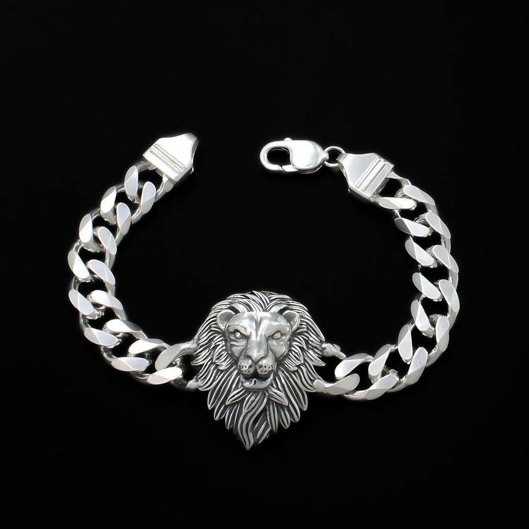 925 Sterling Silver Men's Lion Head Curb Chain Oxidized Bracelet 8"