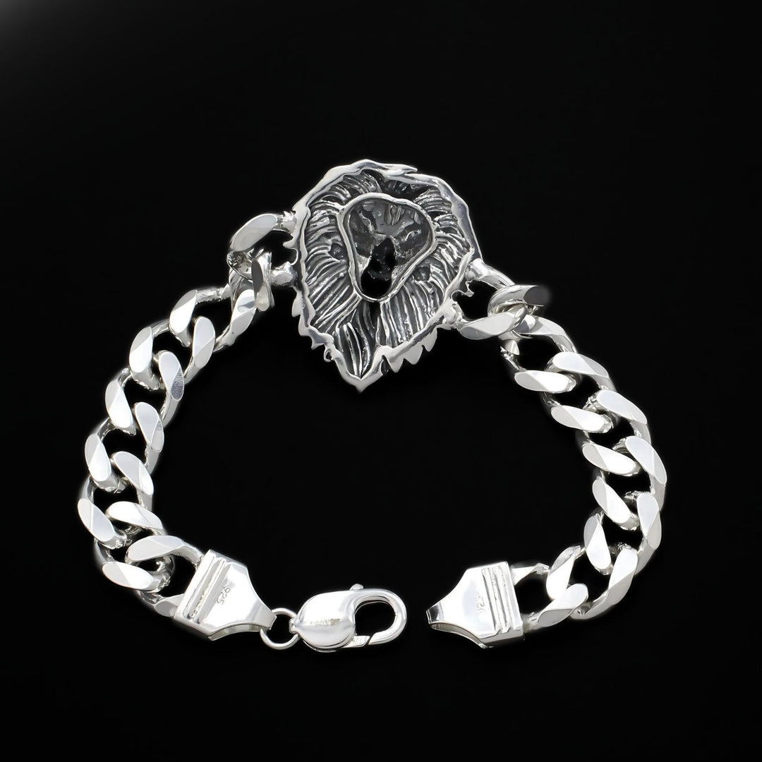 925 Sterling Silver Men's Lion Head Curb Chain Oxidized Bracelet 8"