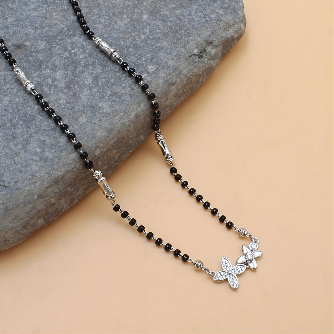 925 Real Sterling Silver Black Beads Flower CZ Mangalsutra women chain for wife