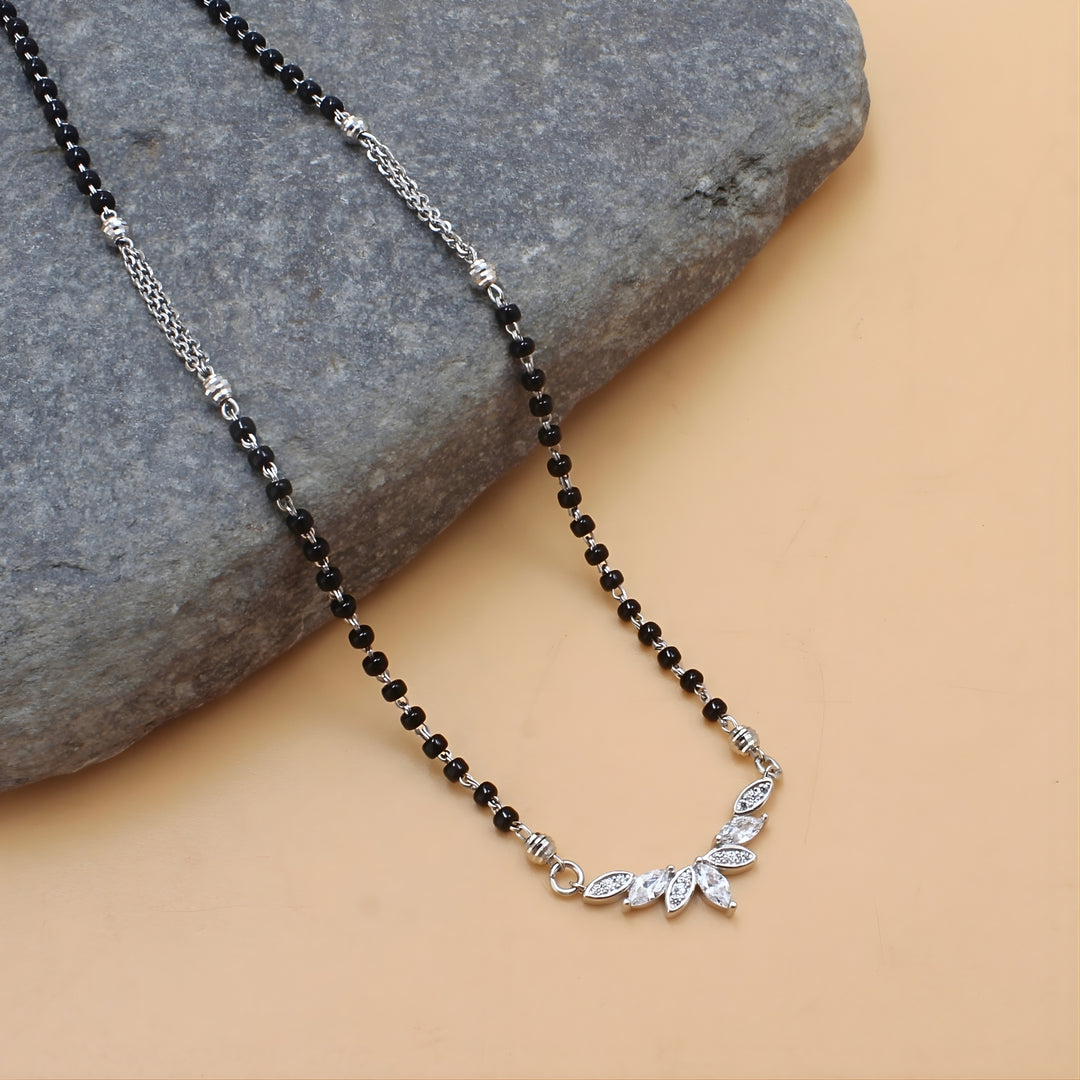 925 Real Sterling Silver Black Beads Floral Leaf CZ Mangalsutra women chain for wife