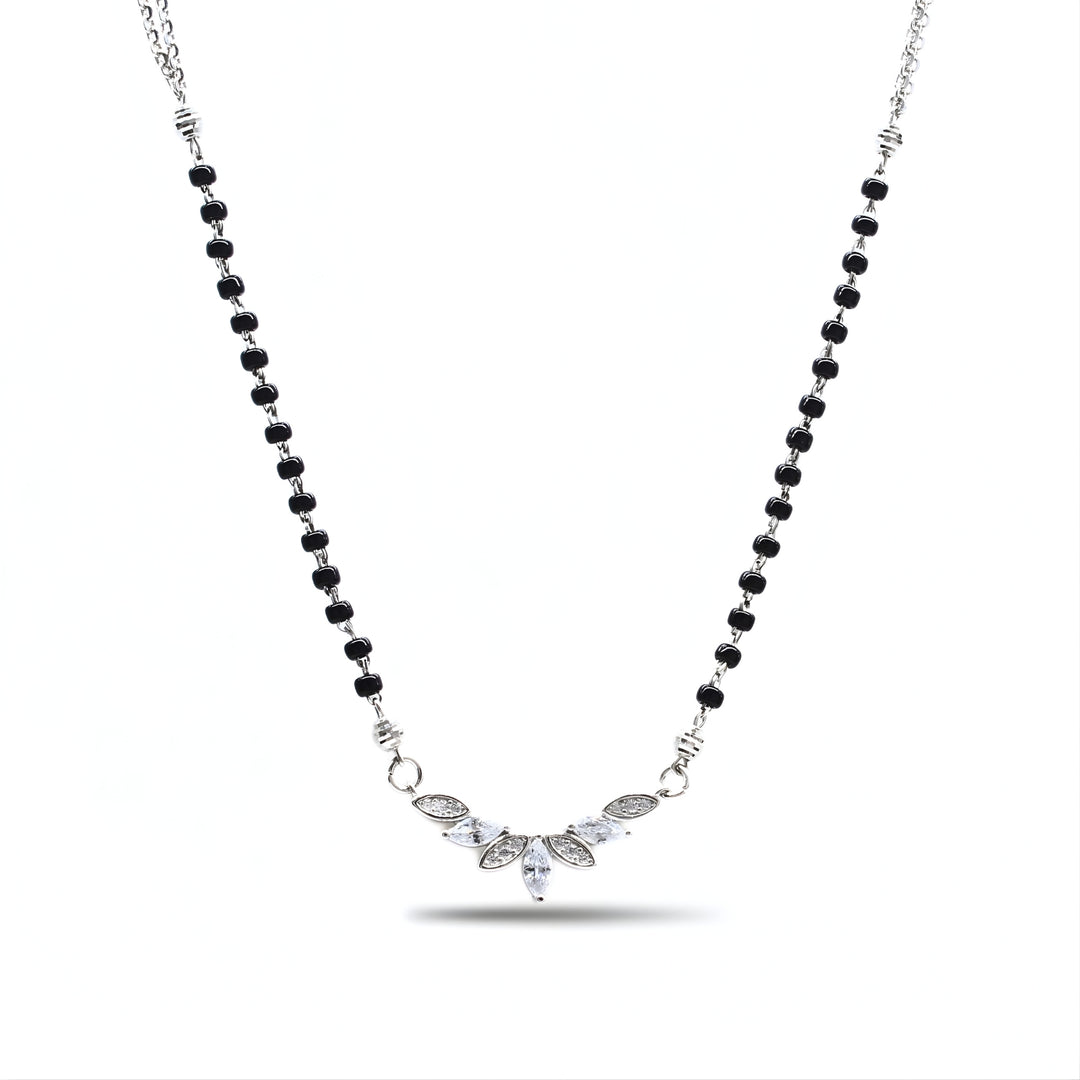 925 Real Sterling Silver Black Beads Floral Leaf CZ Mangalsutra women chain for wife