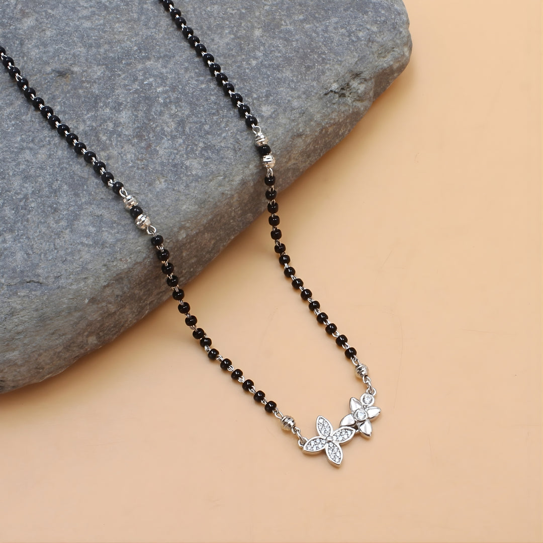 925 Sterling Silver Flower CZ Mangalsutra Black Bead Necklace