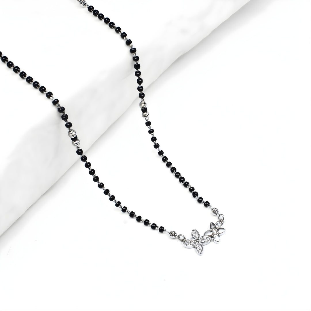 925 Sterling Silver Flower CZ Mangalsutra Black Bead Necklace