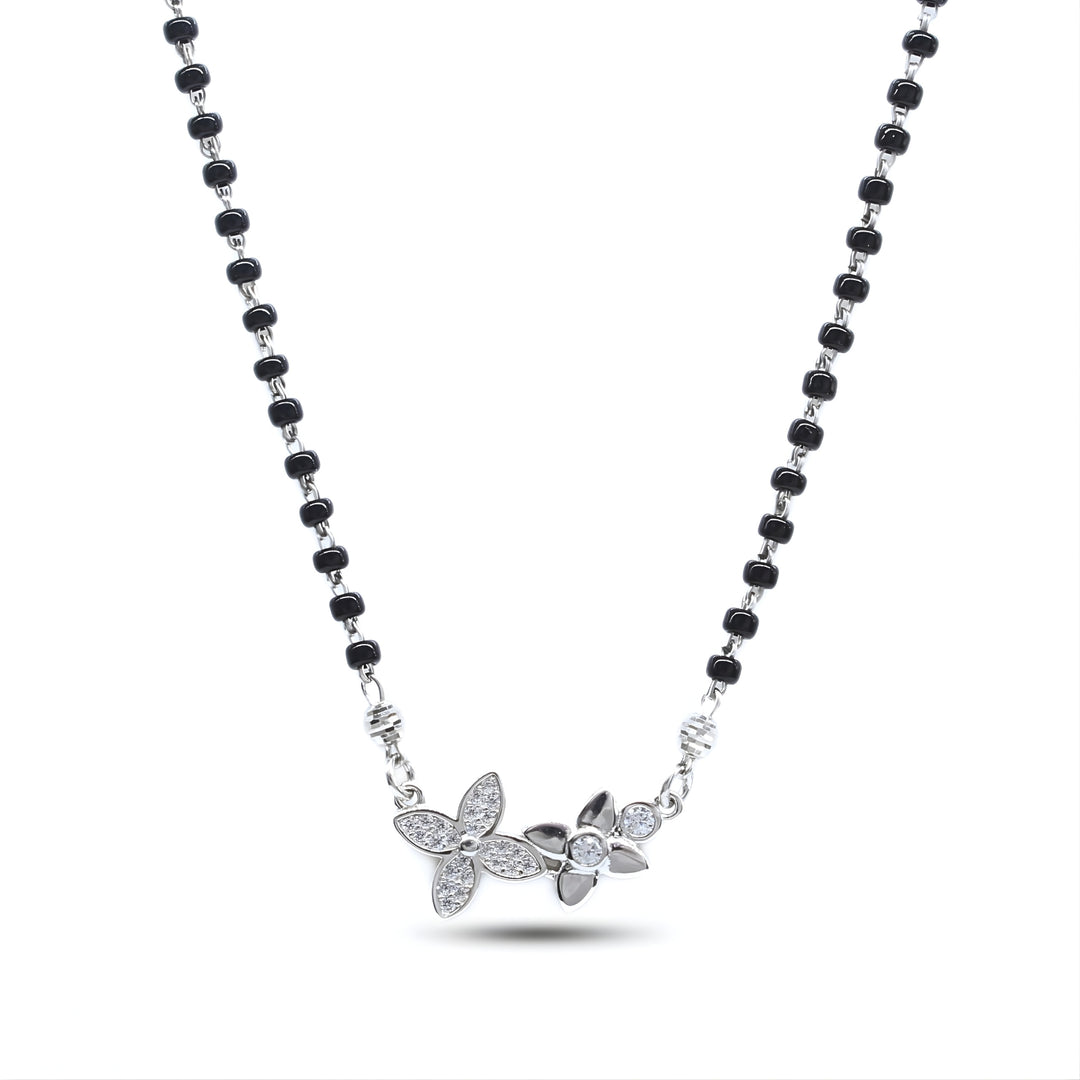 925 Sterling Silver Flower CZ Mangalsutra Black Bead Necklace