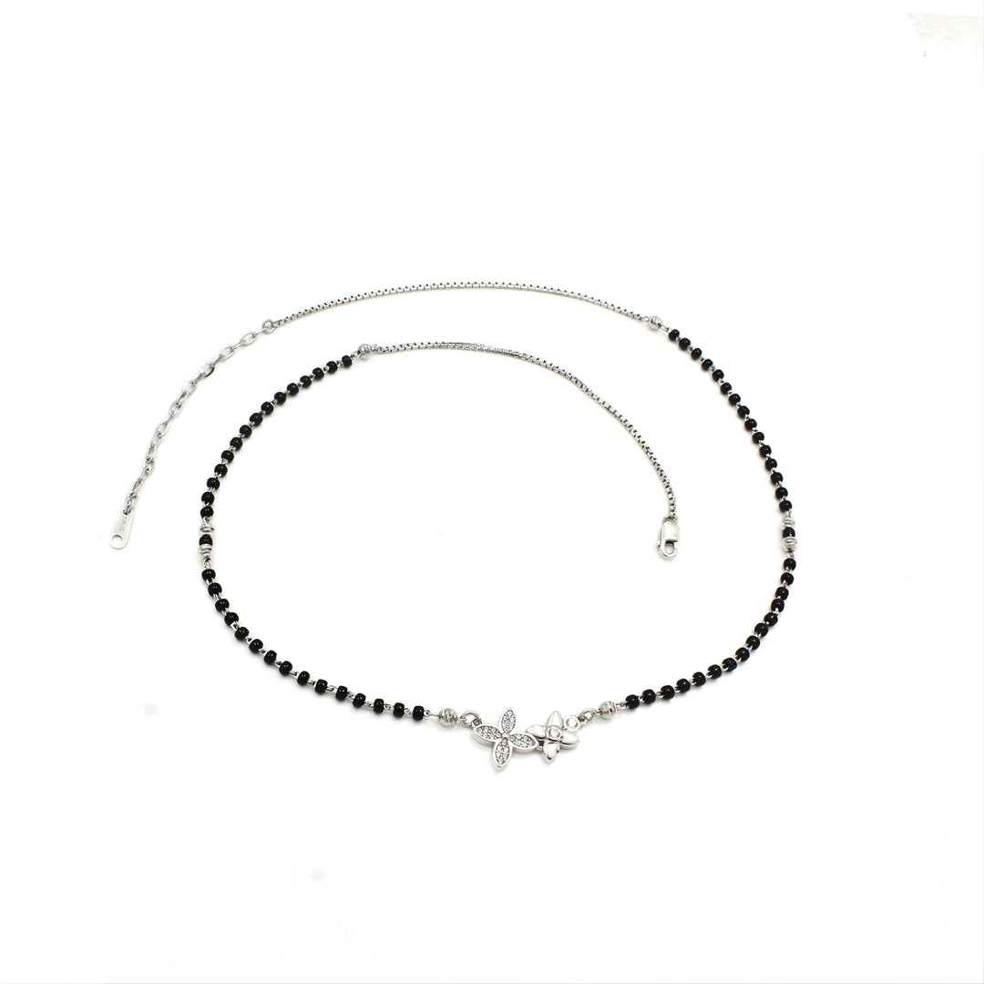 925 Sterling Silver Flower CZ Mangalsutra Black Bead Necklace