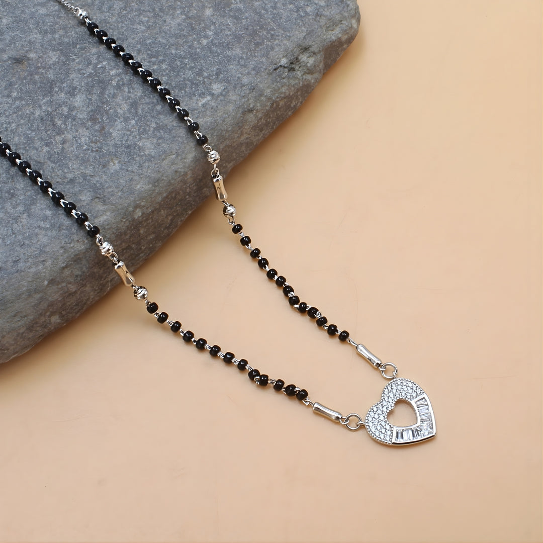 925 Sterling Silver CZ Heart  Black Beads Mangalsutra women chain for wife