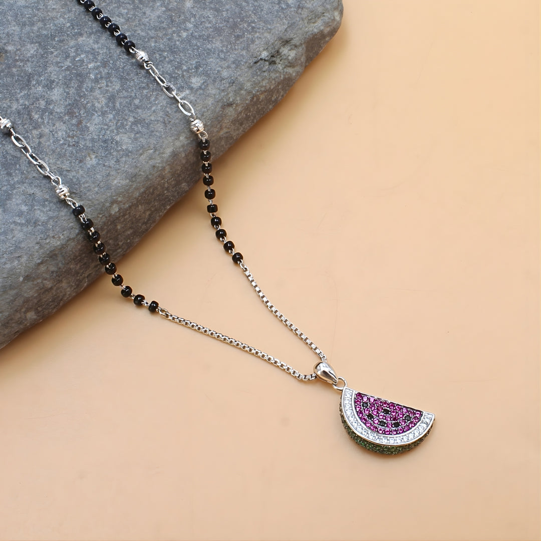 925 Sterling Silver CZ Watermelon Charms Black Beads Mangalsutra women chain for wife