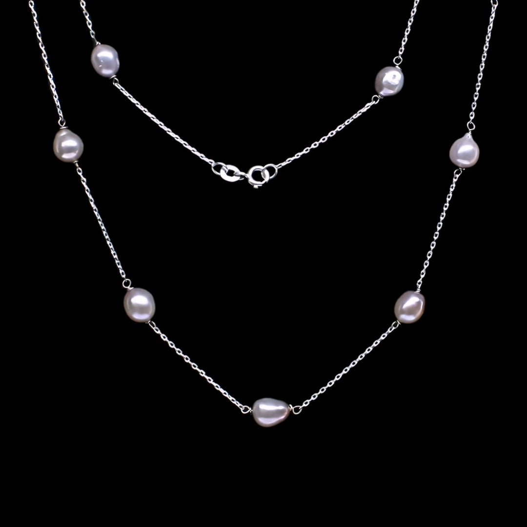 Real Sterling Silver Pink Pearl Boho Style Women Necklace chain 18.5"