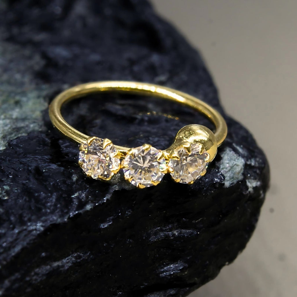 Nozera 18K Real Gold Nose ring 3 stone Nose Hoop Ring 22g