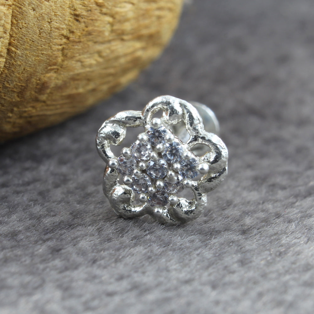 Ethnic Floral Real 925 Silver White CZ Women Screw Nose Stud