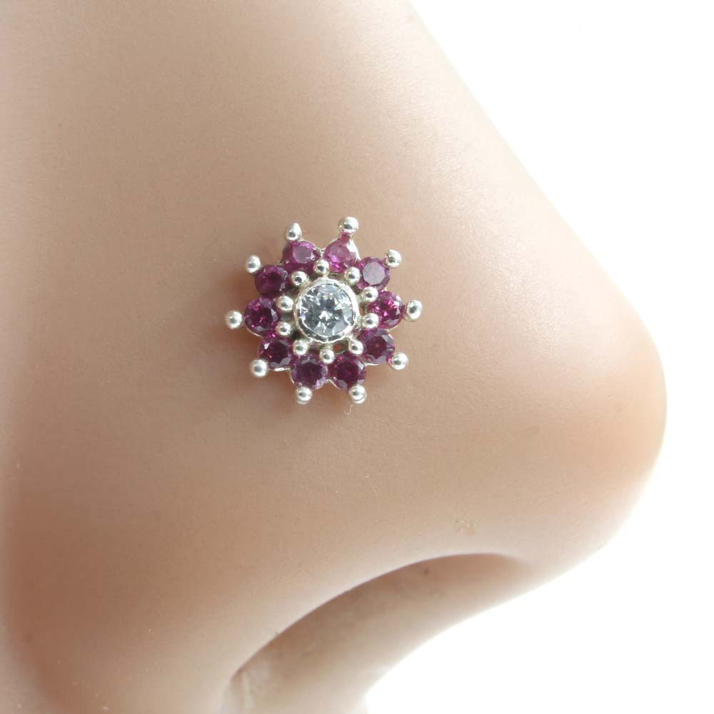 Cute Floral Real 925 Silver Pink White CZ Women Screw Nose Stud