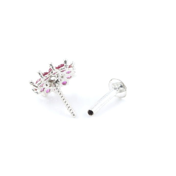 Cute Floral Real 925 Silver Pink White CZ Women Screw Nose Stud