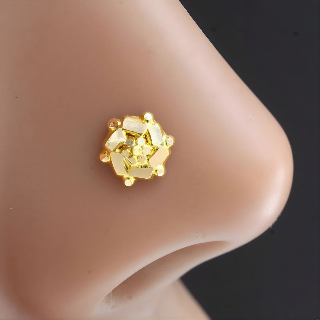 18K Gold Screw-Type Floral Nose\Ear Stud  – Handmade Indian Nose Jewelry for Women