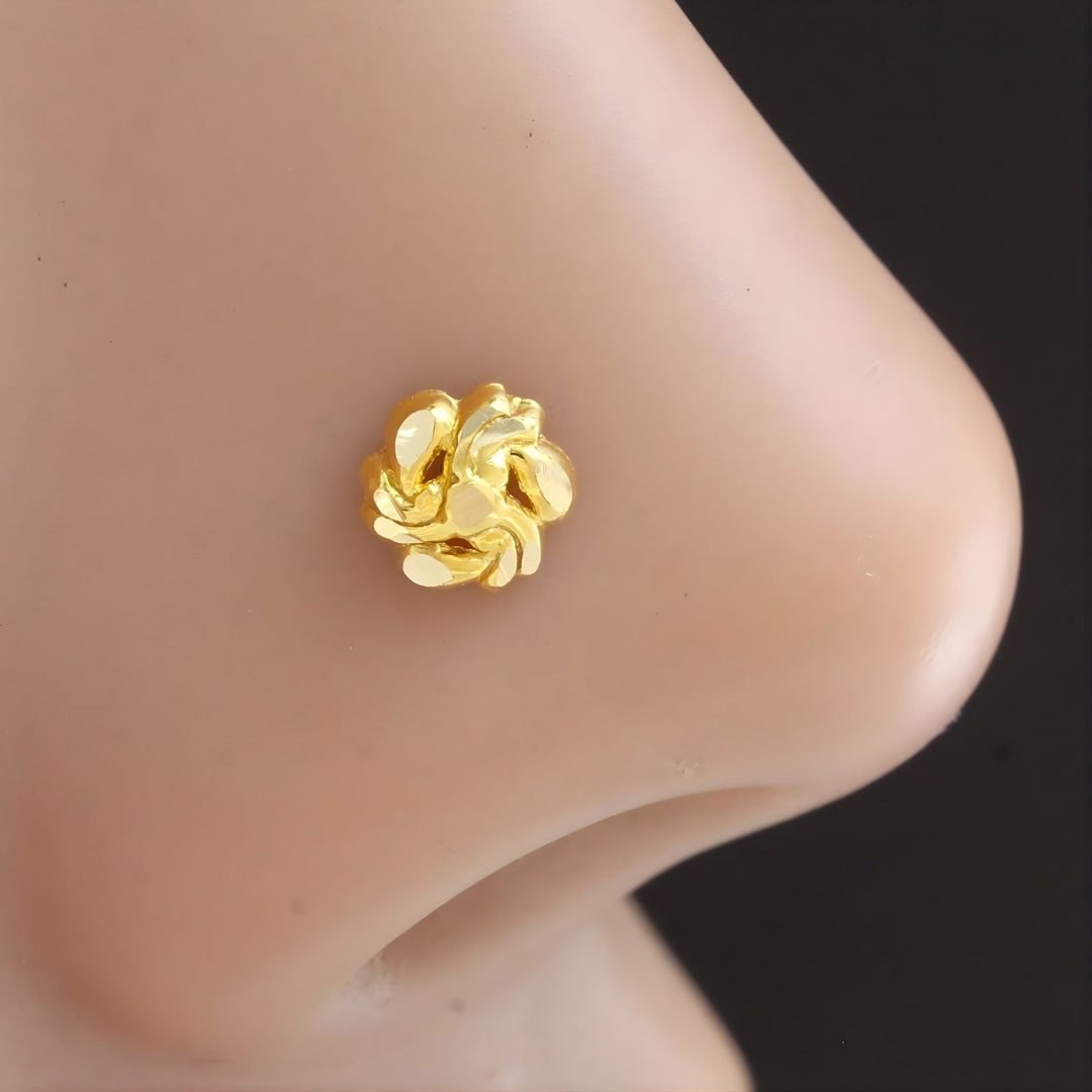 Nozera 18K Solid Gold Floral Nose\Ear Stud with Screw Back – Handmade Indian Nose Pin for Women