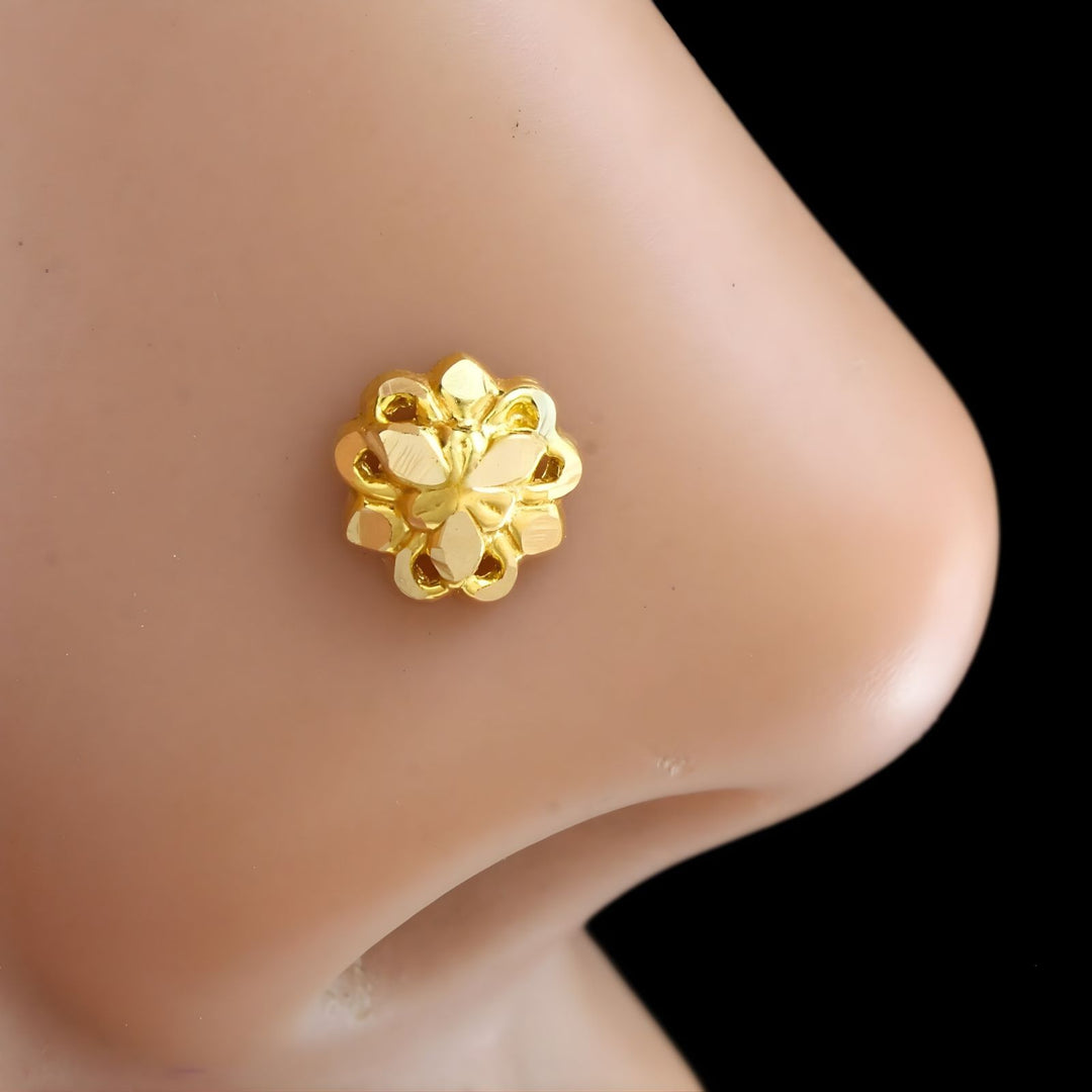 18K Gold Screw-Type Floral Nose\Ear Stud – Lightweight Indian Nose Jewelry for Women