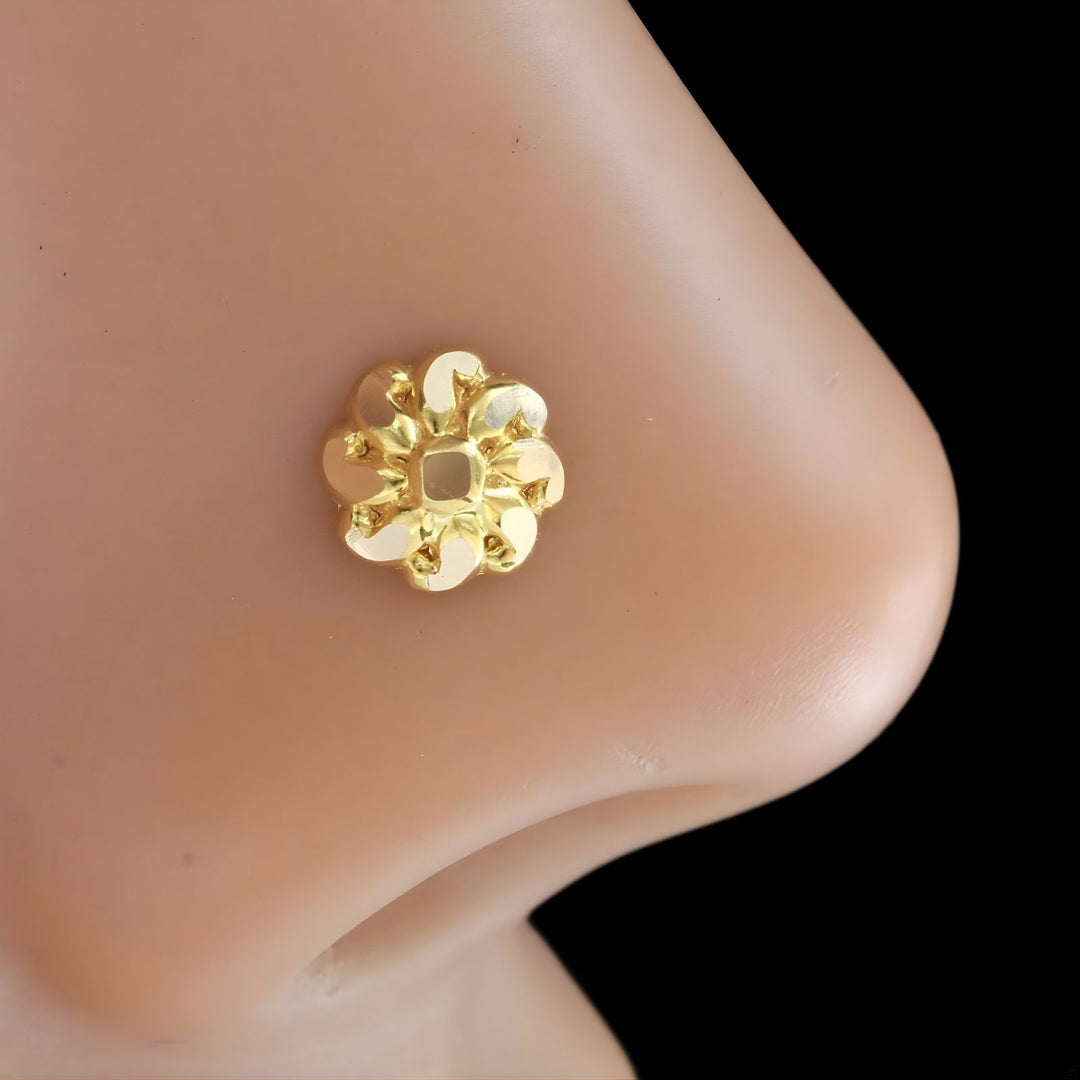 Nozera Handcrafted 18K Gold Floral Nose\Ear Stud – Screw Back Nose Pin Made in India