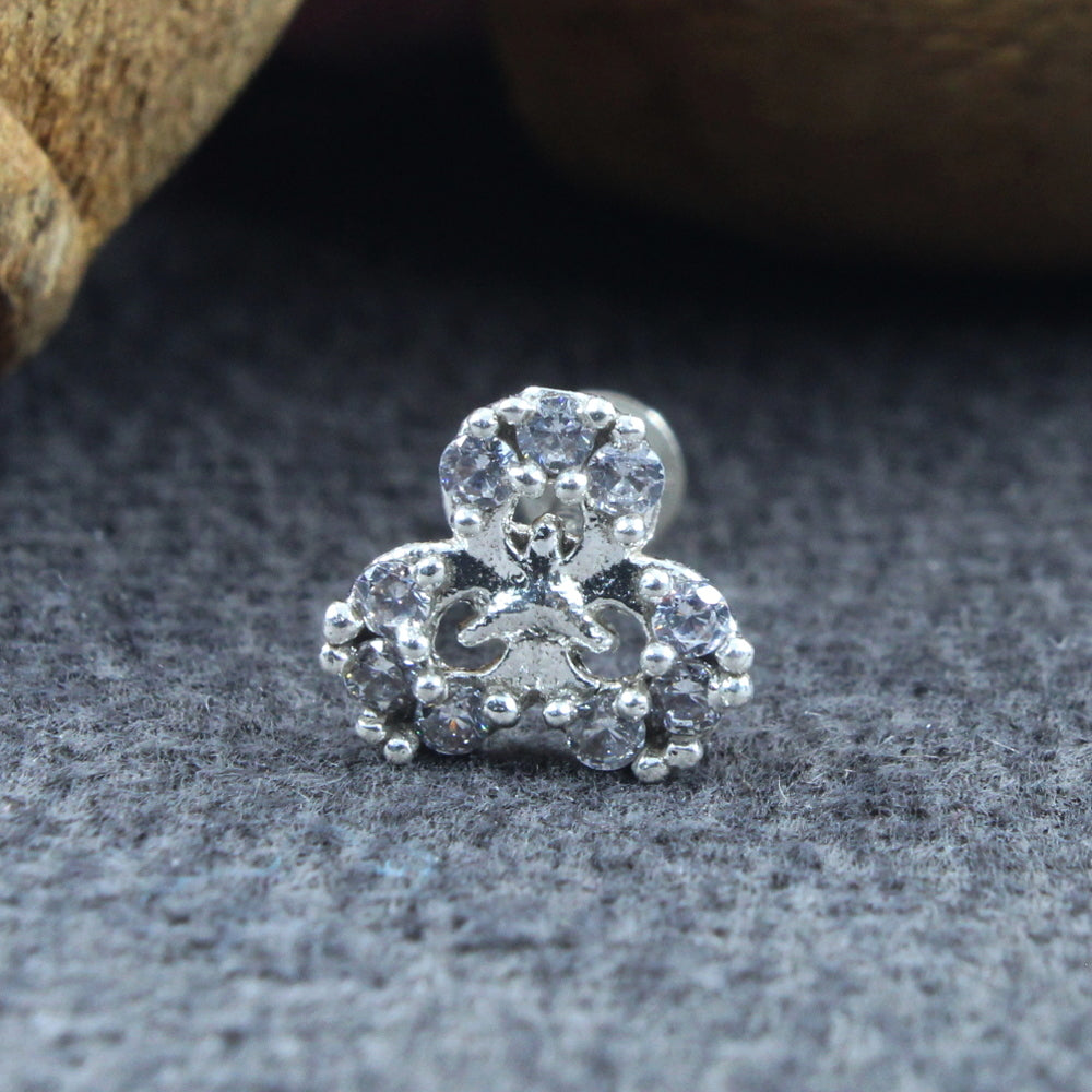 Cute Floral Style Real 925 Silver CZ Women Screw Nose Stud