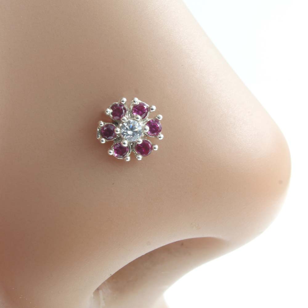 Ethnic Tiny Real 925 Silver Pink White CZ Women Screw Nose Stud
