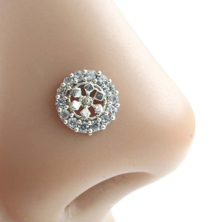 Floral Real 925 Silver White Clear CZ Women Screw Nose Stud