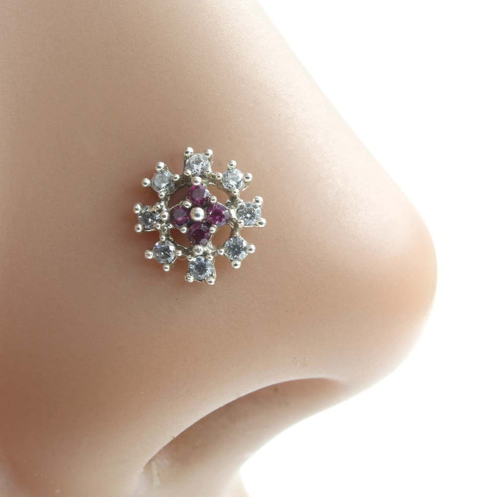 Asian Floral Real 925 Silver Pink White CZ Women Screw Nose Stud