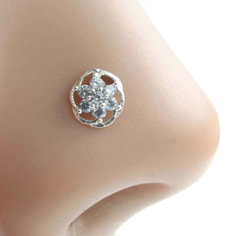 Floral Real 925 Silver White CZ Women Screw Nose Stud