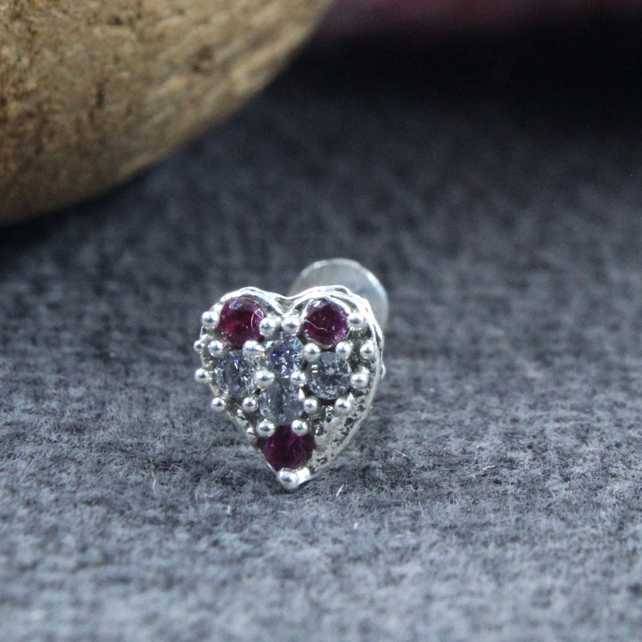 Little Heart Real 925 Sterling Silver Pink White CZ Women Screw Nose Stud