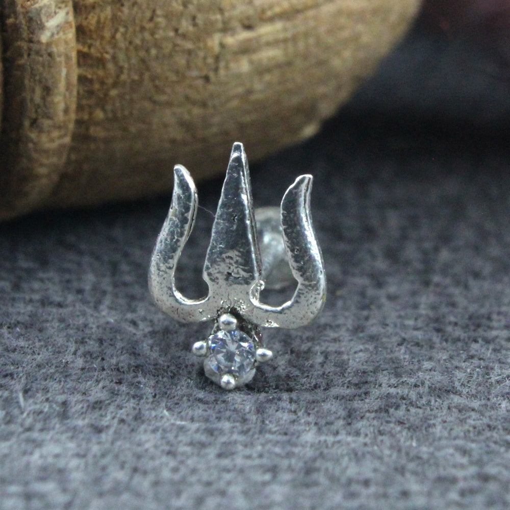 Trishul Style Real 925 Sterling Silver White CZ Women Screw Nose Stud