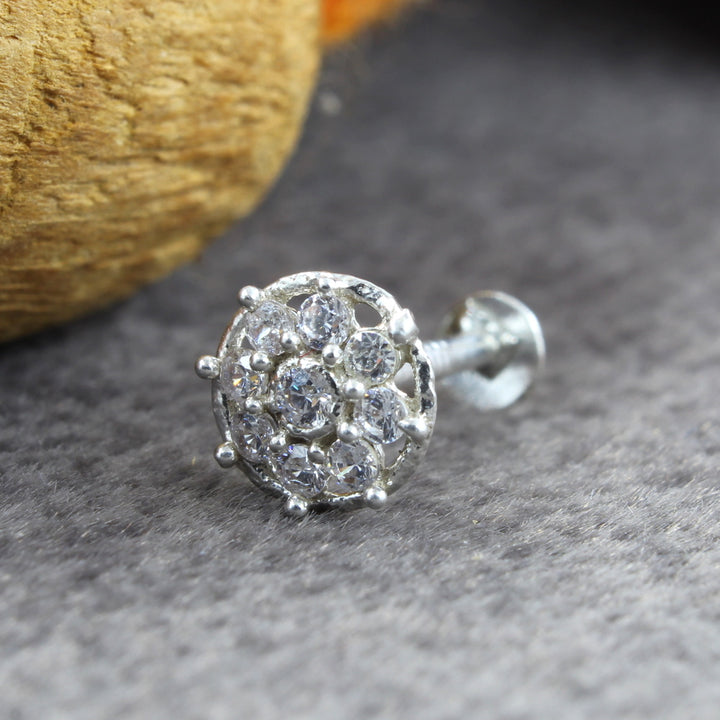 Small Wheel Style 925 Silver White CZ Studded Screw Nose Stud