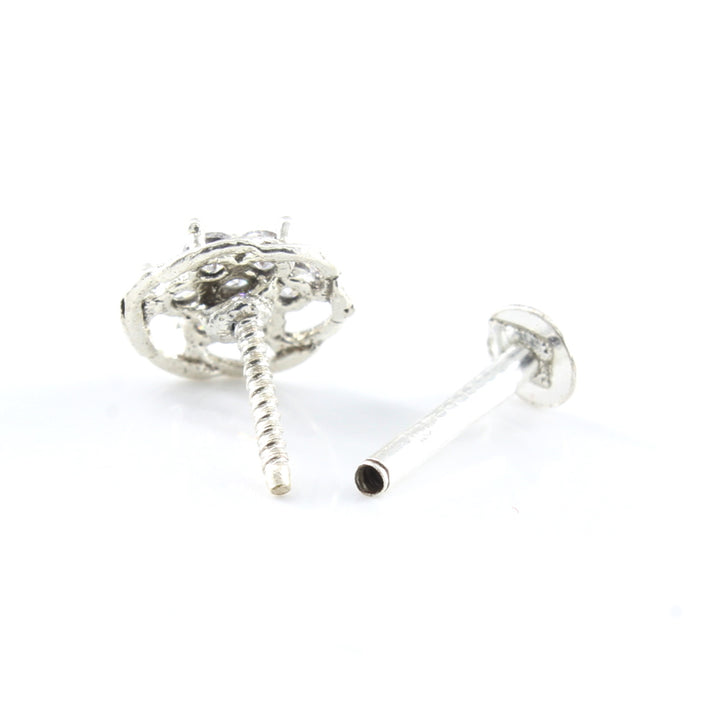 Small Wheel Style 925 Silver White CZ Studded Screw Nose Stud