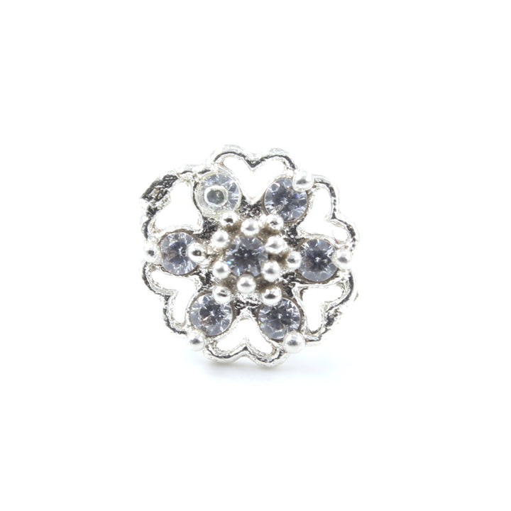 Cute Floral 925 Silver White CZ Studded Screw Nose Stud