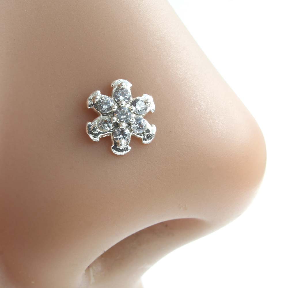 Asian Women 925 Silver White CZ Studded Screw Nose Stud