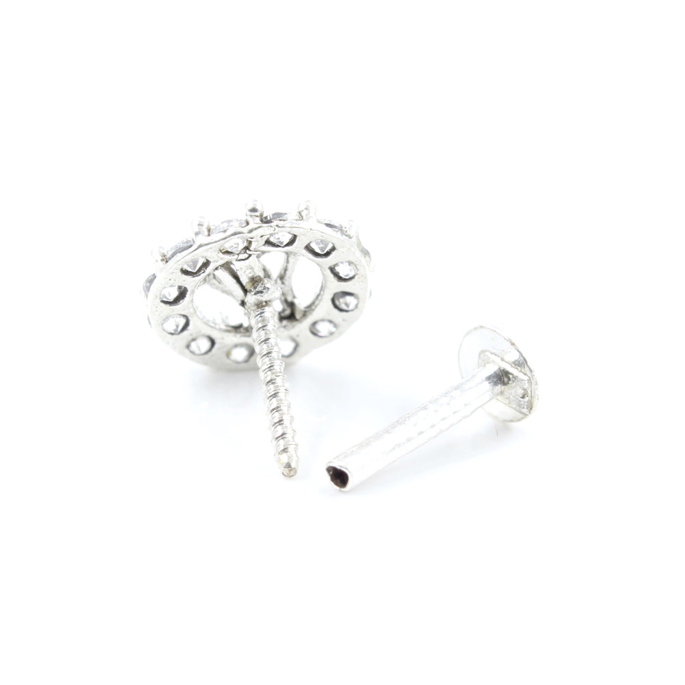 Indian Trishul Real 925 Sterling Silver White CZ Studded Screw Nose Stud