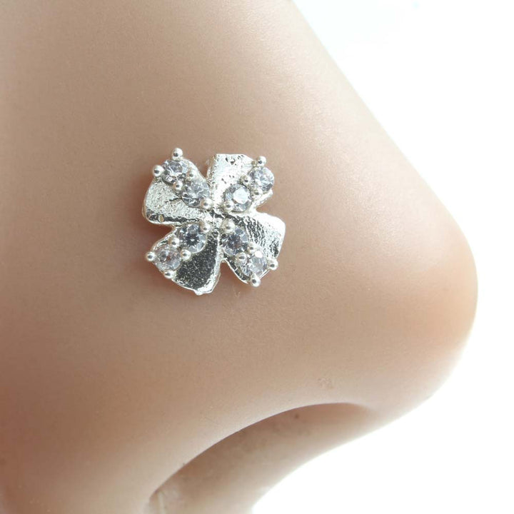 Ethnic Real 925 Sterling Silver White CZ Studded Screw Nose Stud