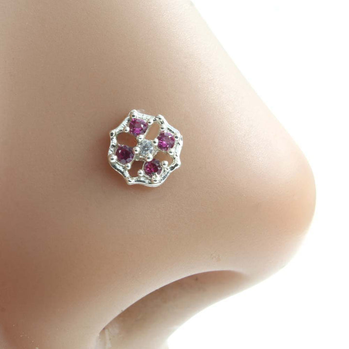 Cute Ethnic Real 925 Silver Pink White CZ Studded Screw Nose Stud