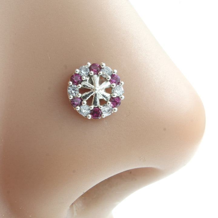 Cute Women Real 925 Silver Pink White CZ Studded Screw Nose Stud