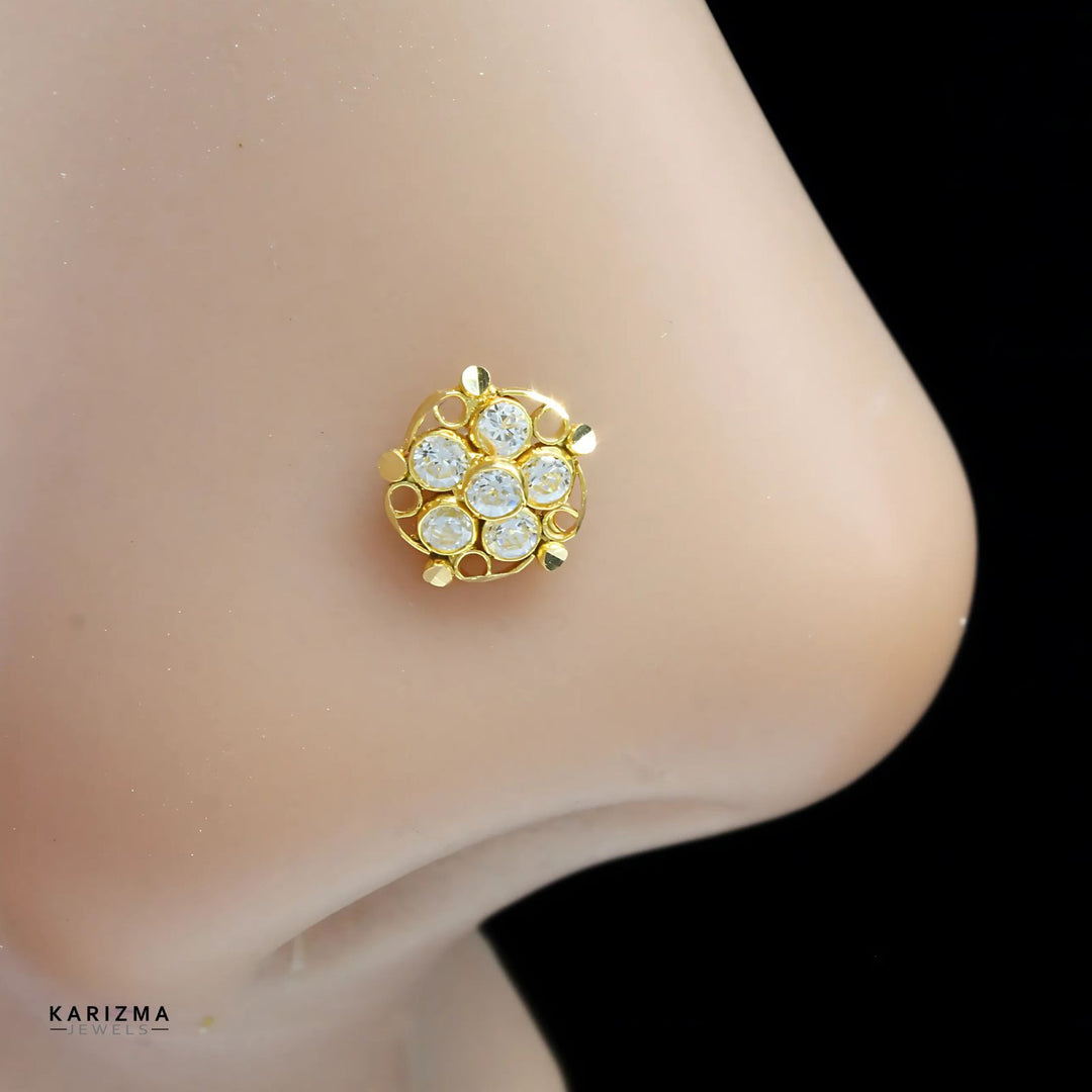 18K Real Gold Indian handmade Women White CZ Floral Nose stud nose ring Push Pin