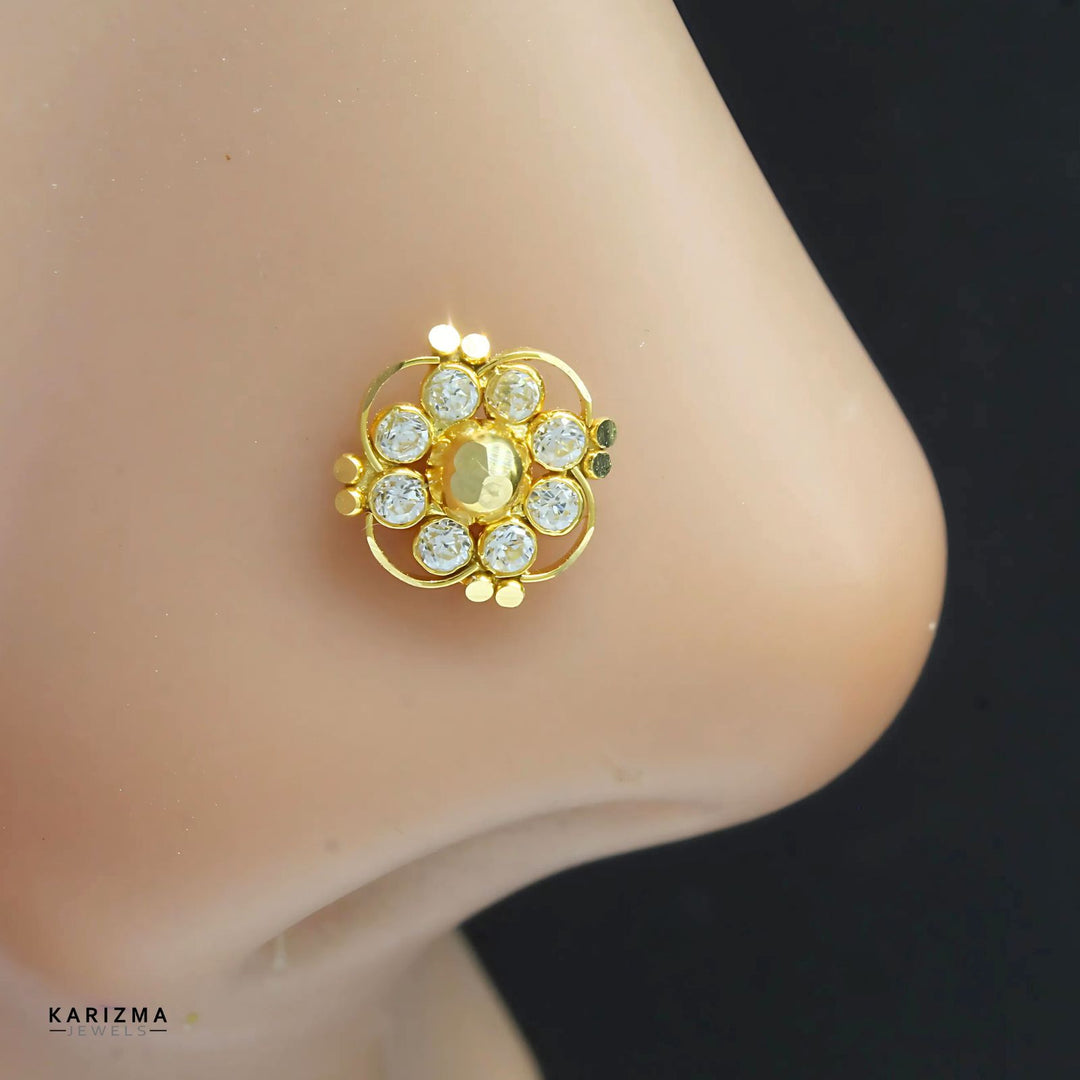 18K Real Gold Indian Women White CZ Floral Excellent gifting Nose stud nose ring Push Pin