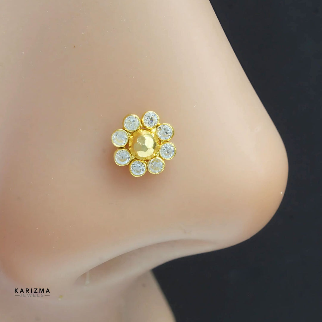 Small Flower Design 18K Real Gold Indian Women White CZ Nose stud nose ring Push Pin