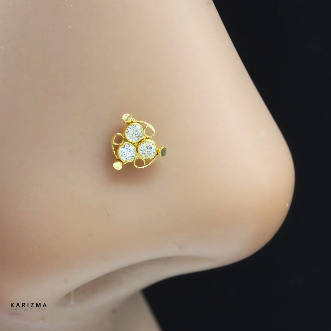 Tiny Floral 18K Real Gold Indian Women White CZ Nose stud nose ring Push Pin