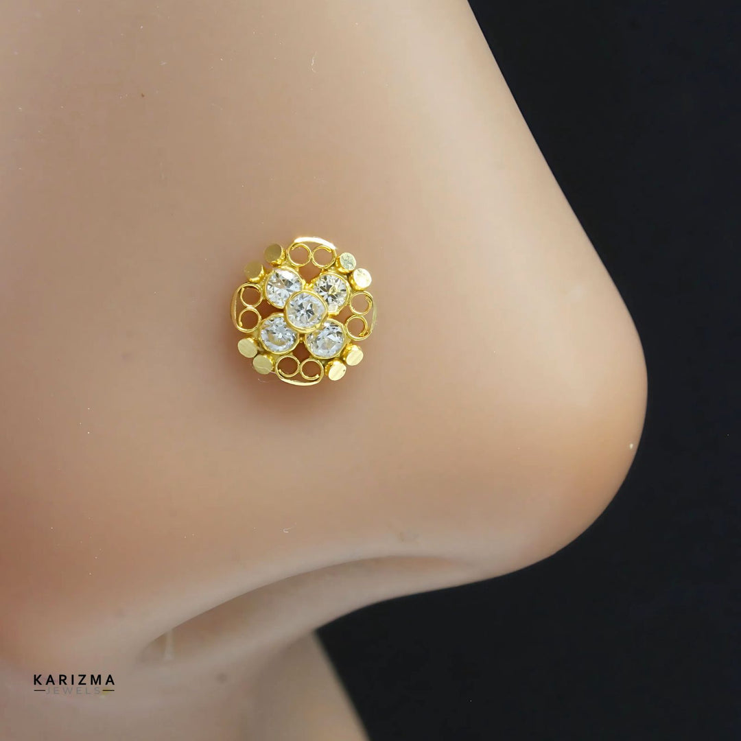 18K Real Gold Indian Women White CZ gorgeous floral style Nose stud nose ring Push Pin