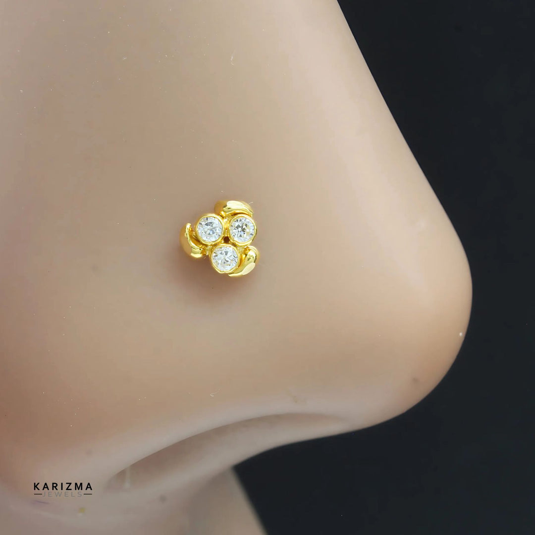 Tiny 18K Real Gold Indian Women White CZ floral gifting Nose stud nose ring Push Pin