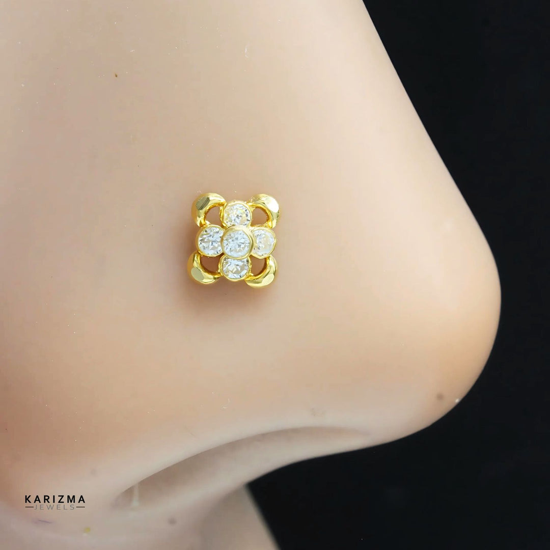 18K Real Gold Indian Women White CZ floral square Nose stud nose ring Push Pin