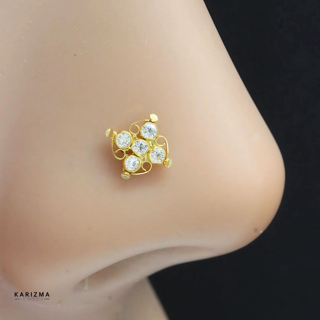 18K Real Gold Indian Women White CZ fabulous square Nose stud nose ring Push Pin